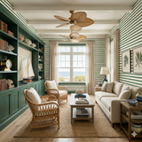 Marlow Rigging Wallpaper with green and white rope stripe pattern, covering a stylish coastal living room interior.
