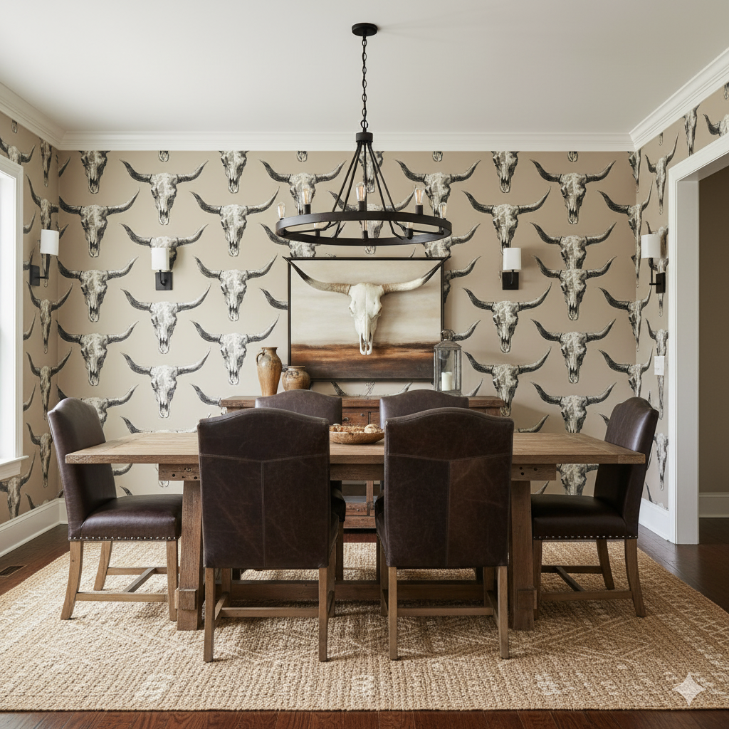 High Plains Relic wallpaper with repeating skull pattern, on dining room walls.