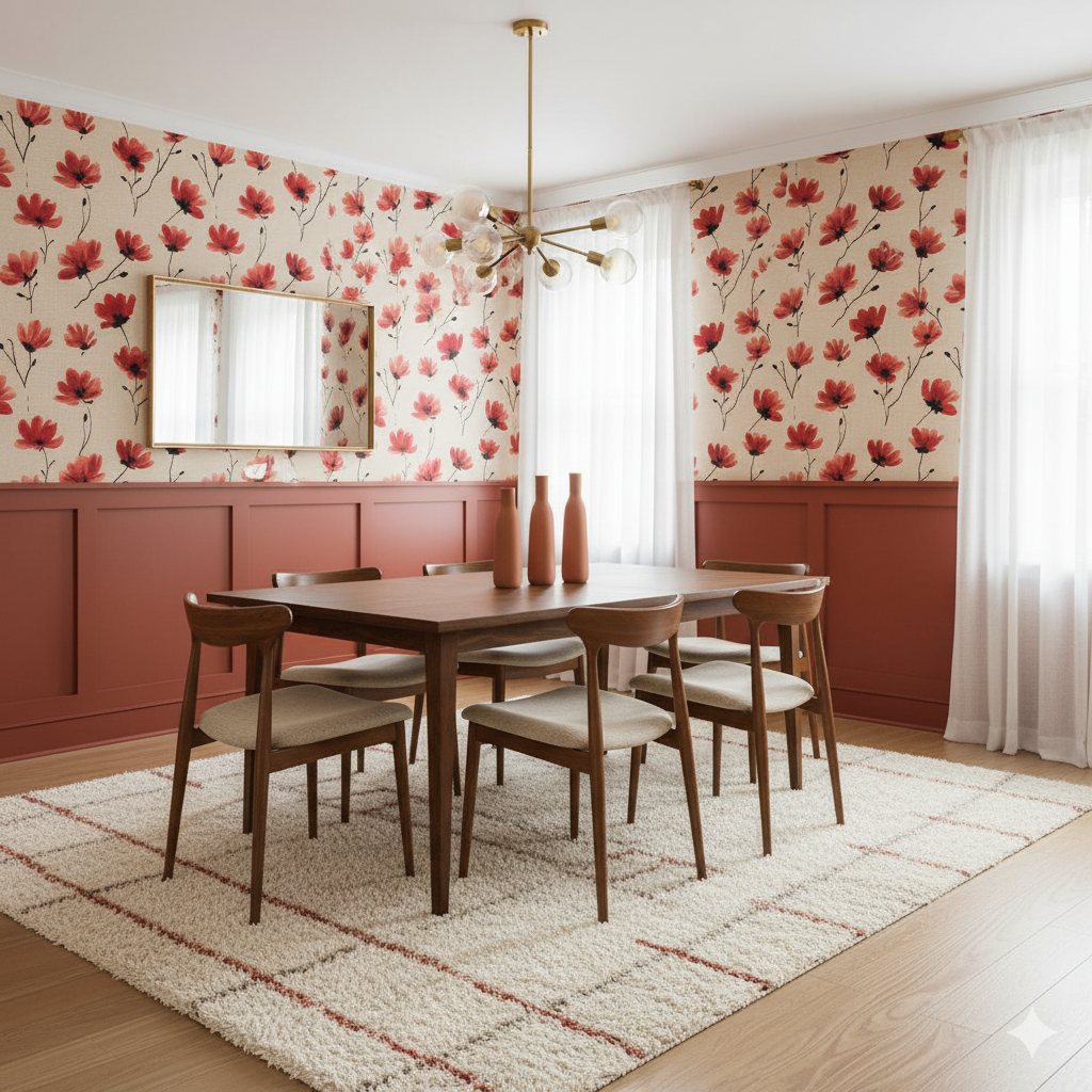 Carmine Bloom Wallpaper with red floral design on a beige background.

