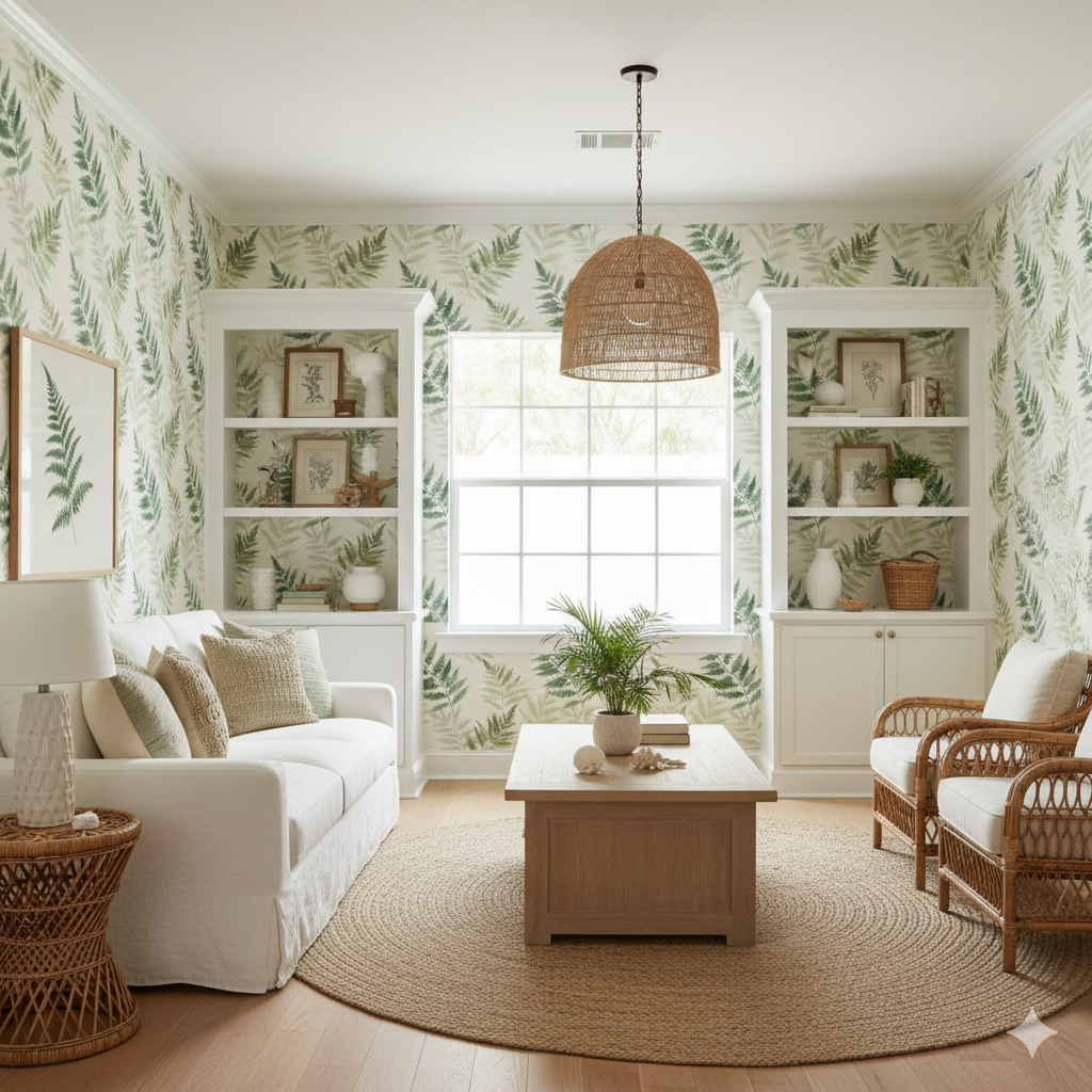 Fern wallpaper with a botanical print of green fronds covering the wall.
