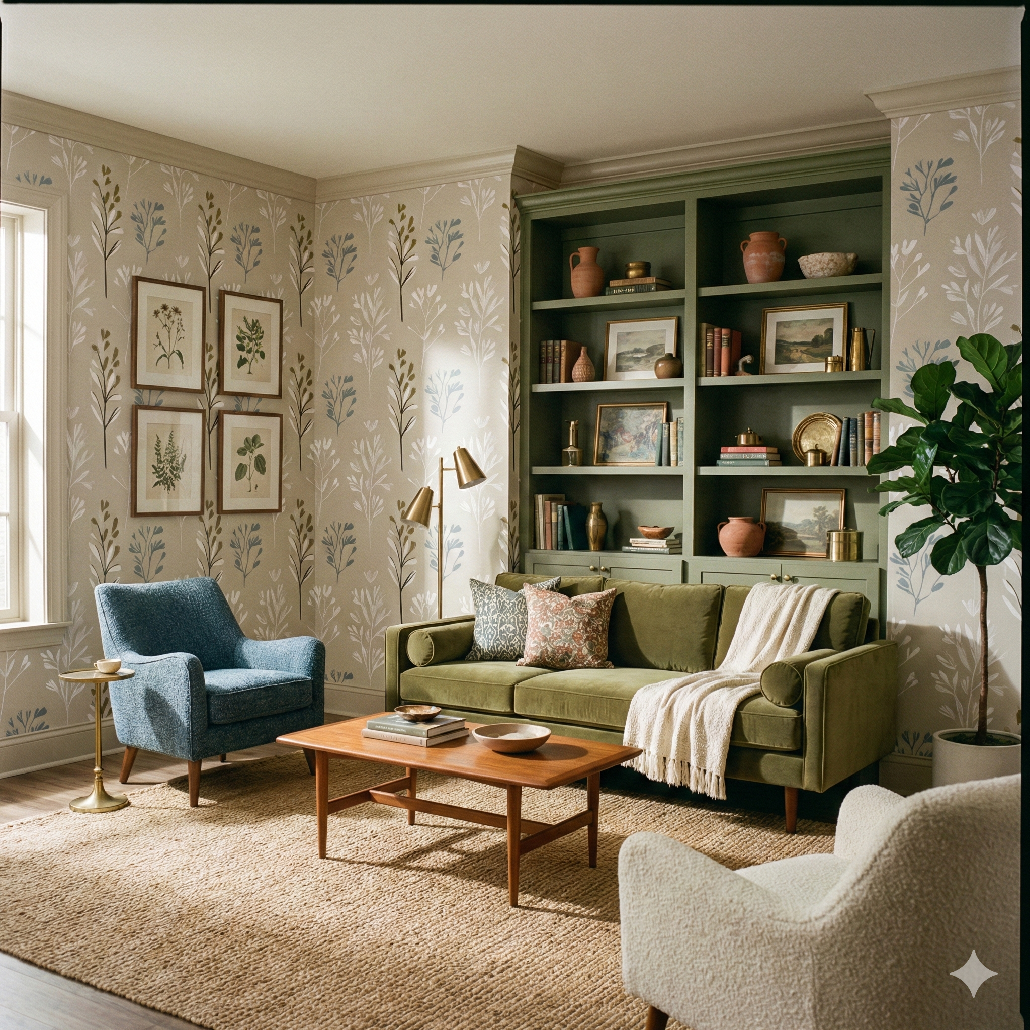 Botanical print wallpaper with olive, blue, and white leaves, styled in a vintage living room.
