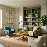 Botanical print wallpaper with olive, blue, and white leaves, styled in a vintage living room.
