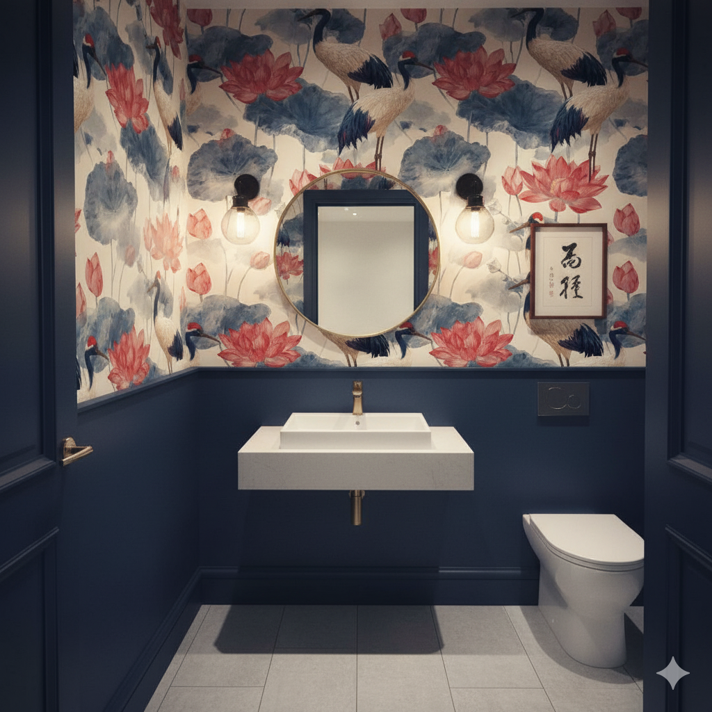 Red lotus court wallpaper with crane and lotus pattern, decorating a powder room setting.
