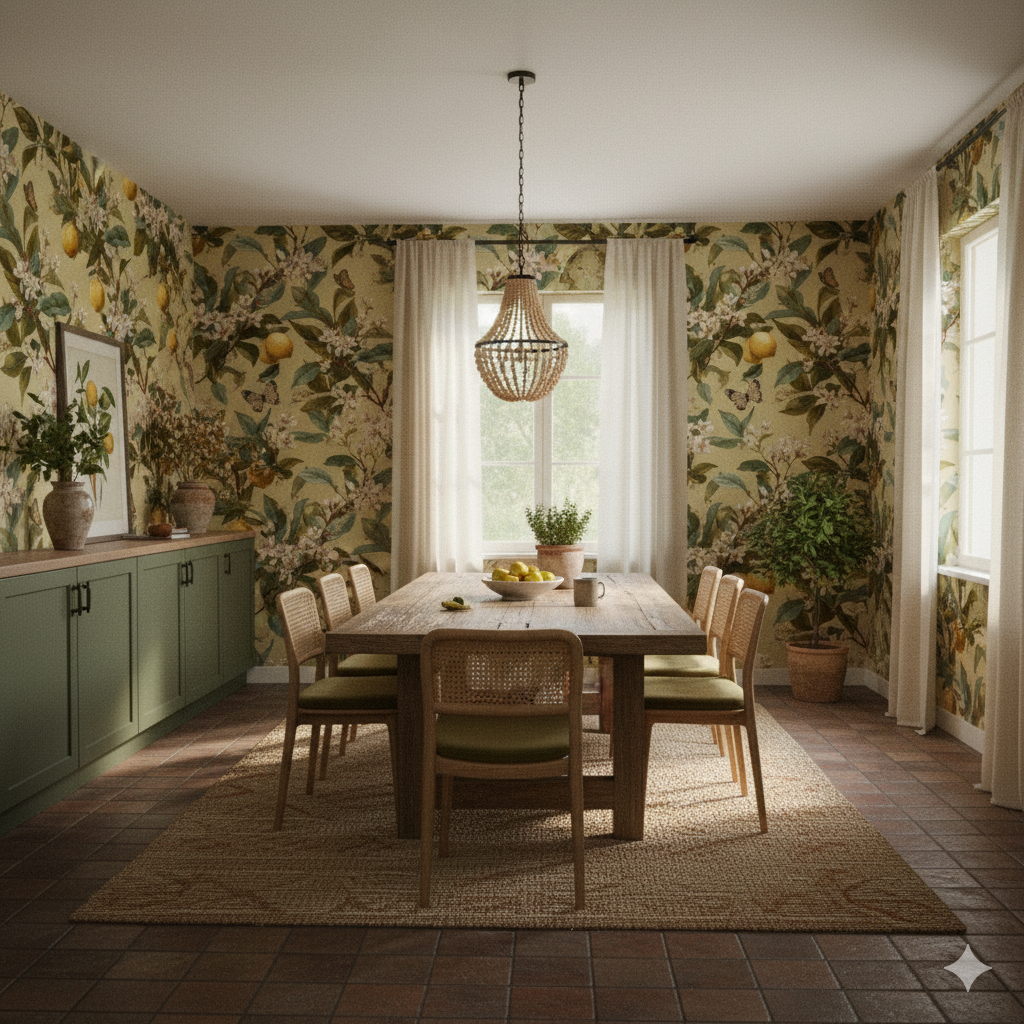 Floral patterned wallpaper with butterflies, Amalfi Bloom from York Wallcoverings, covering the dining room walls.