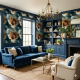 Floral patterned wallpaper with a white and tan botanical design on a dark teal background.