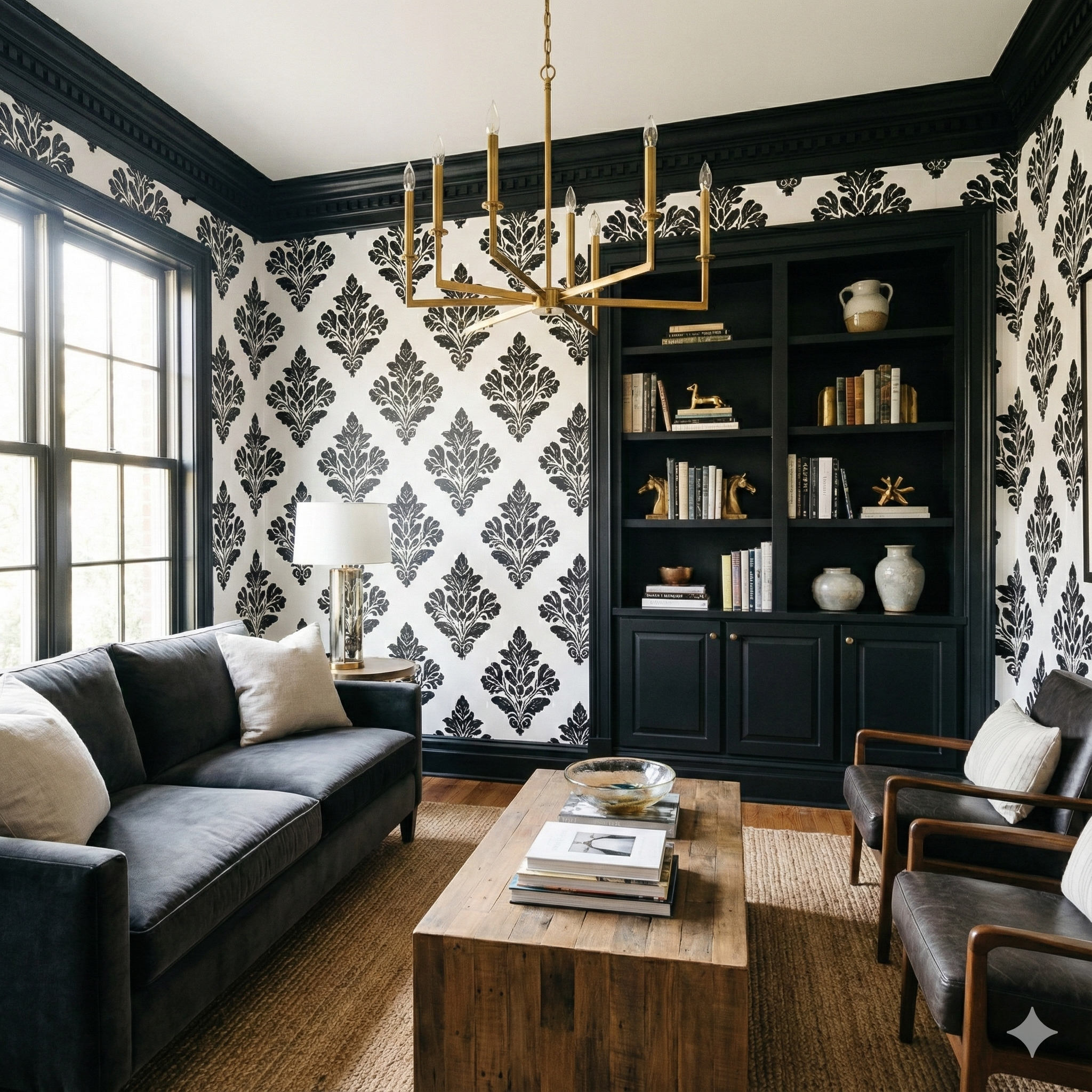 Blackwell Cartouche Wallpaper with black floral pattern on a white background.