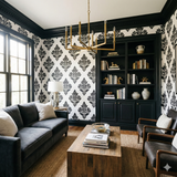 Blackwell Cartouche Wallpaper with black floral pattern on a white background.