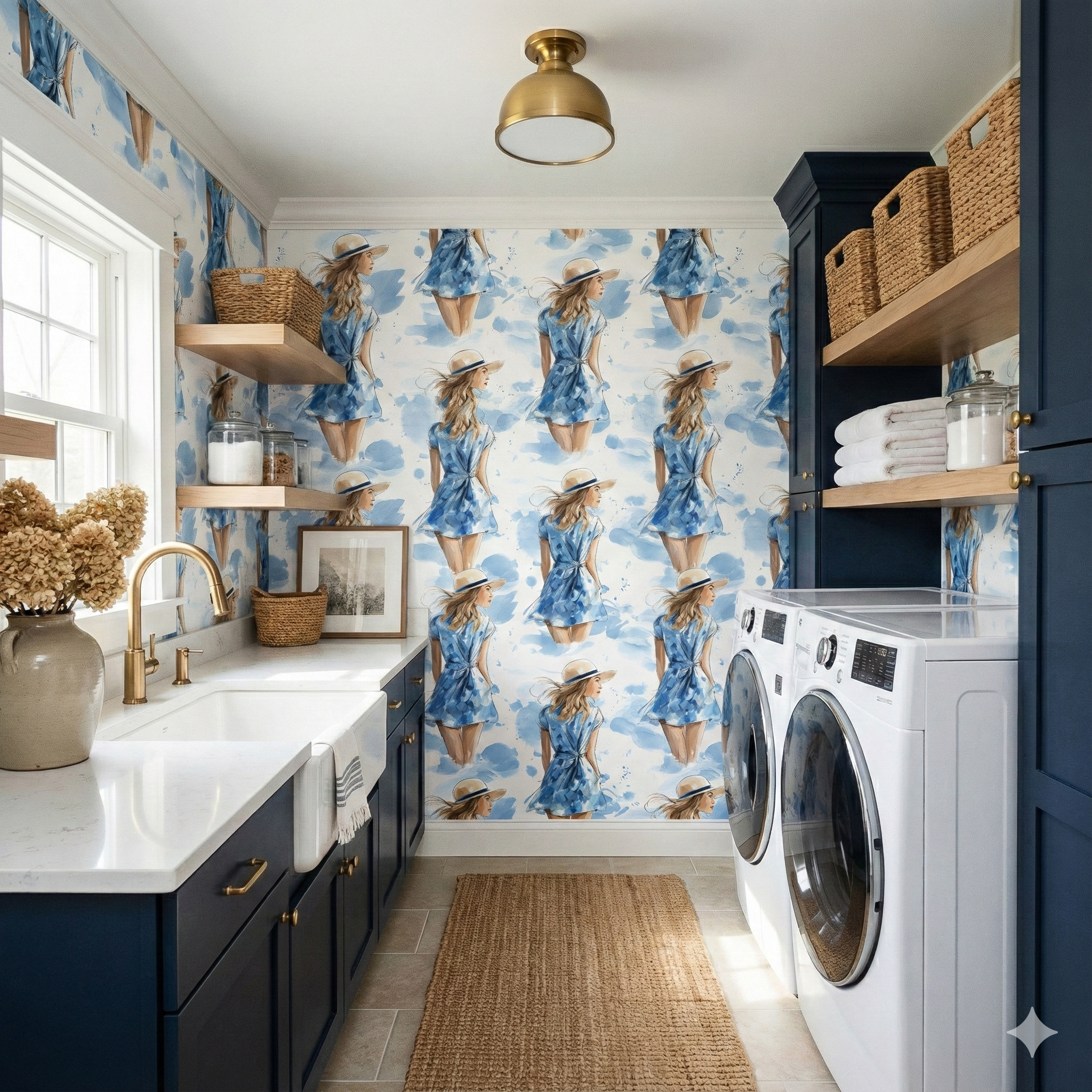 Bluewater Sunday Wallpaper with a woman in blue dress pattern.
