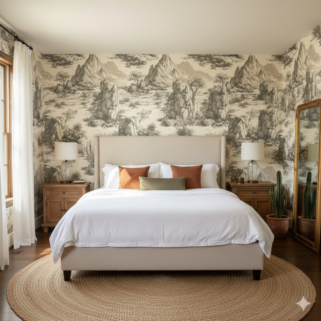 Guadalupe Etching Wallpaper with mountain pattern, covering the bedroom wall behind the bed.
