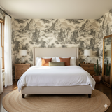 Guadalupe Etching Wallpaper with mountain pattern, covering the bedroom wall behind the bed.
