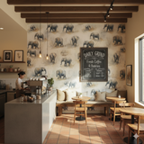 Sand & Memory wallpaper featuring an elephant pattern on the walls of a coffee shop.