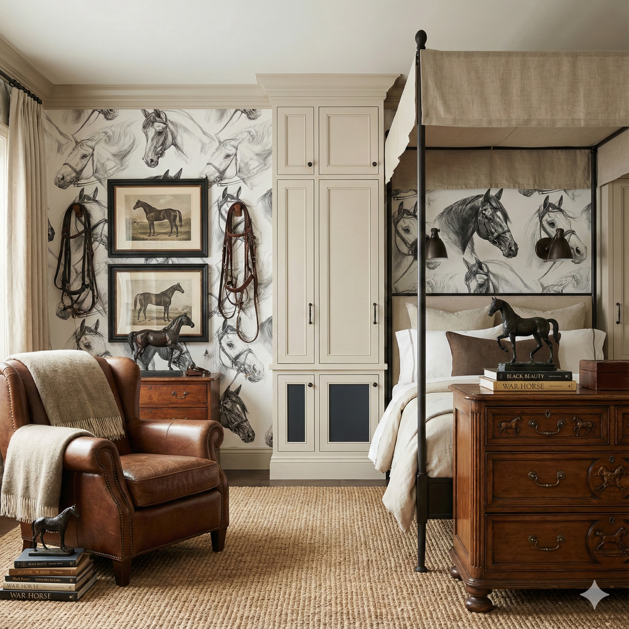 Bridlecrest Study wallpaper with horse sketches, equestrian themes, and monochrome design.

