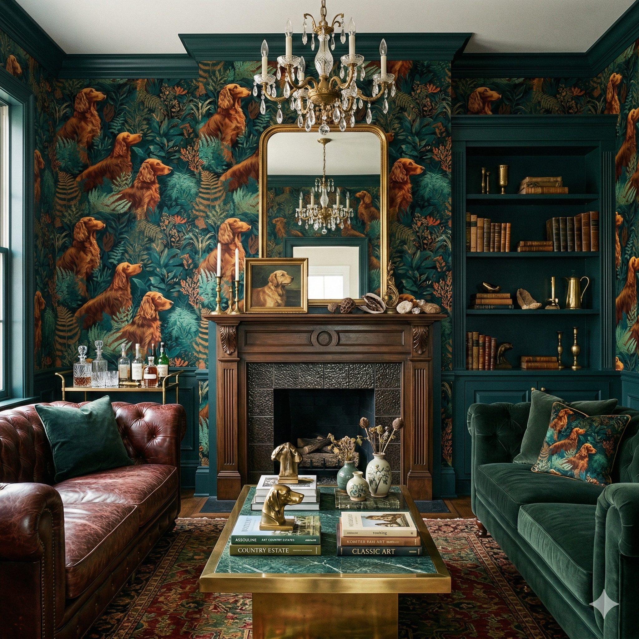 Setter's Grove wallpaper with dog and botanical pattern on the walls of a traditionally styled living room.
