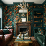 Setter's Grove wallpaper with dog and botanical pattern on the walls of a traditionally styled living room.

