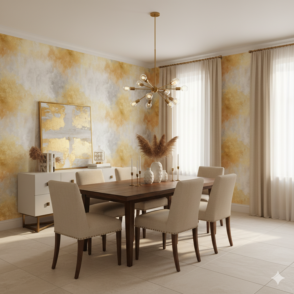 Auric Veil wallpaper featuring a watercolor pattern of gold, gray, and white.
