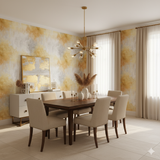 Auric Veil wallpaper featuring a watercolor pattern of gold, gray, and white.
