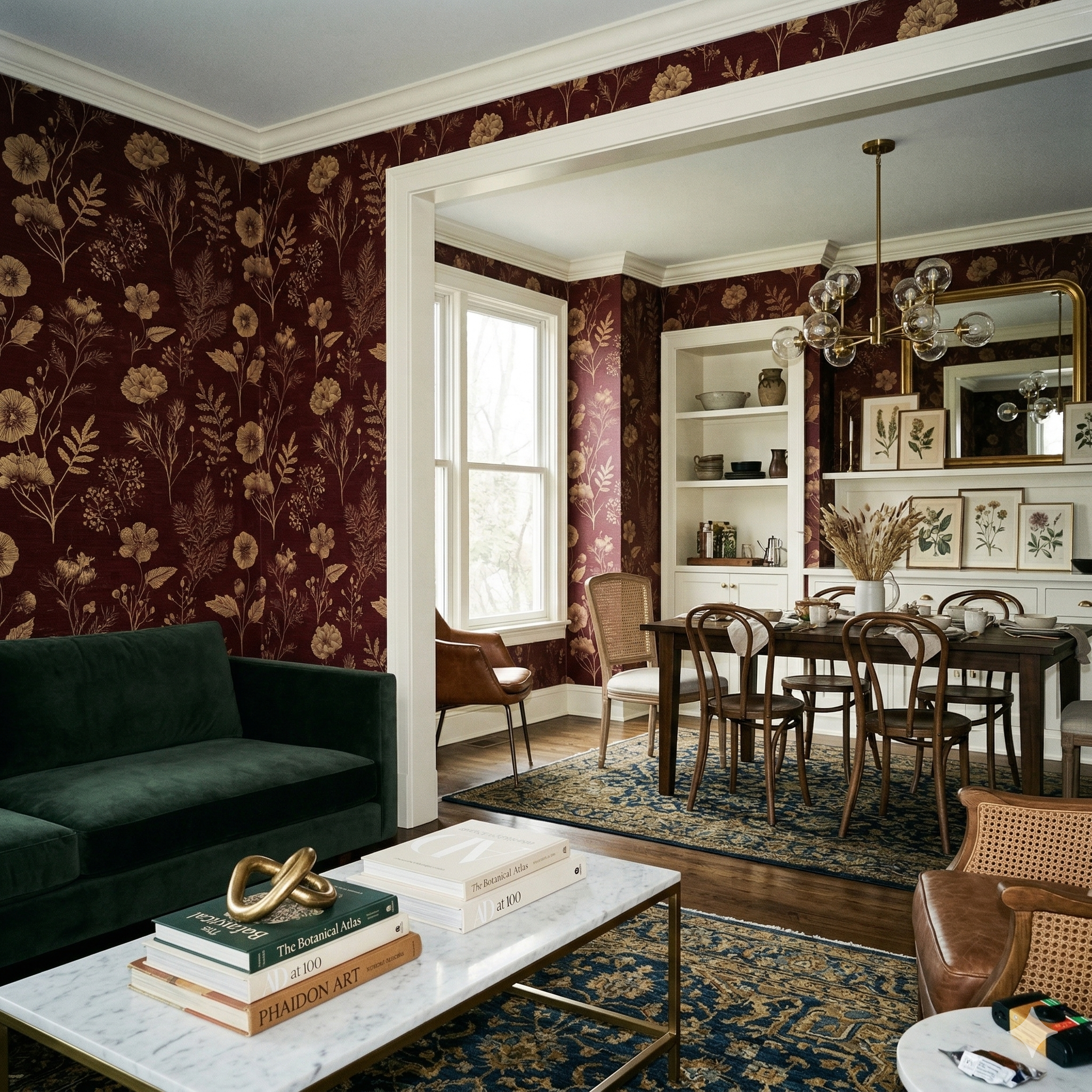 Burgundy botanical wallpaper with floral pattern, by York Wallcoverings, in a traditionally decorated room.
