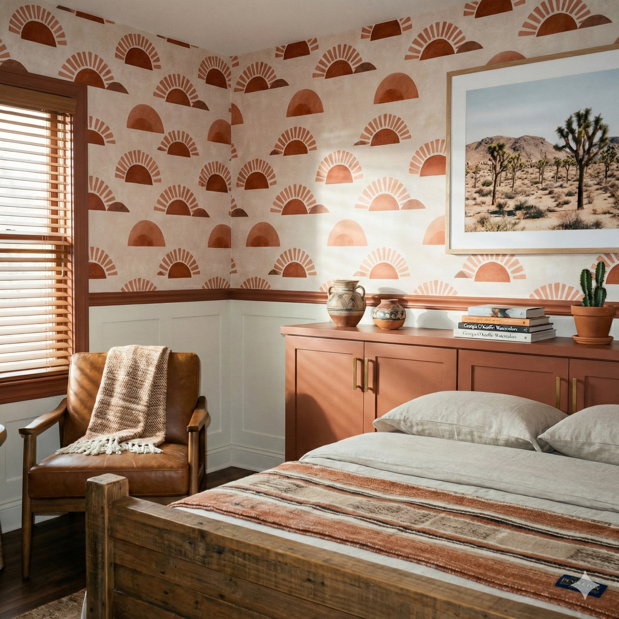Caldera Rise Wallpaper with terracotta sun pattern against an off-white backdrop.
