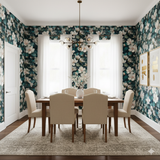 Floral Nightgarden Magnolia Wallpaper with a white botanical pattern, styled in a dining room.