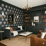Blackwater Brocade Wallpaper with a damask pattern, covering the walls of a traditionally decorated room.