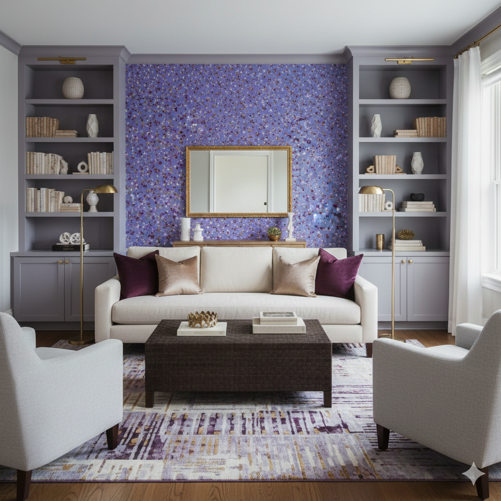 Purple floral wallpaper with a colorful confetti design, featuring a white sofa and matching grey bookshelves.