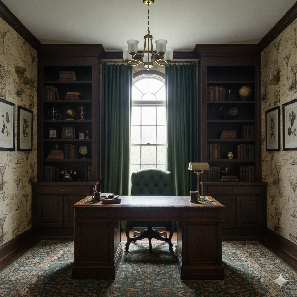 Patterned wallpaper with sketches, by The Cartographer’s Bar, covering the walls of an elegant home office.