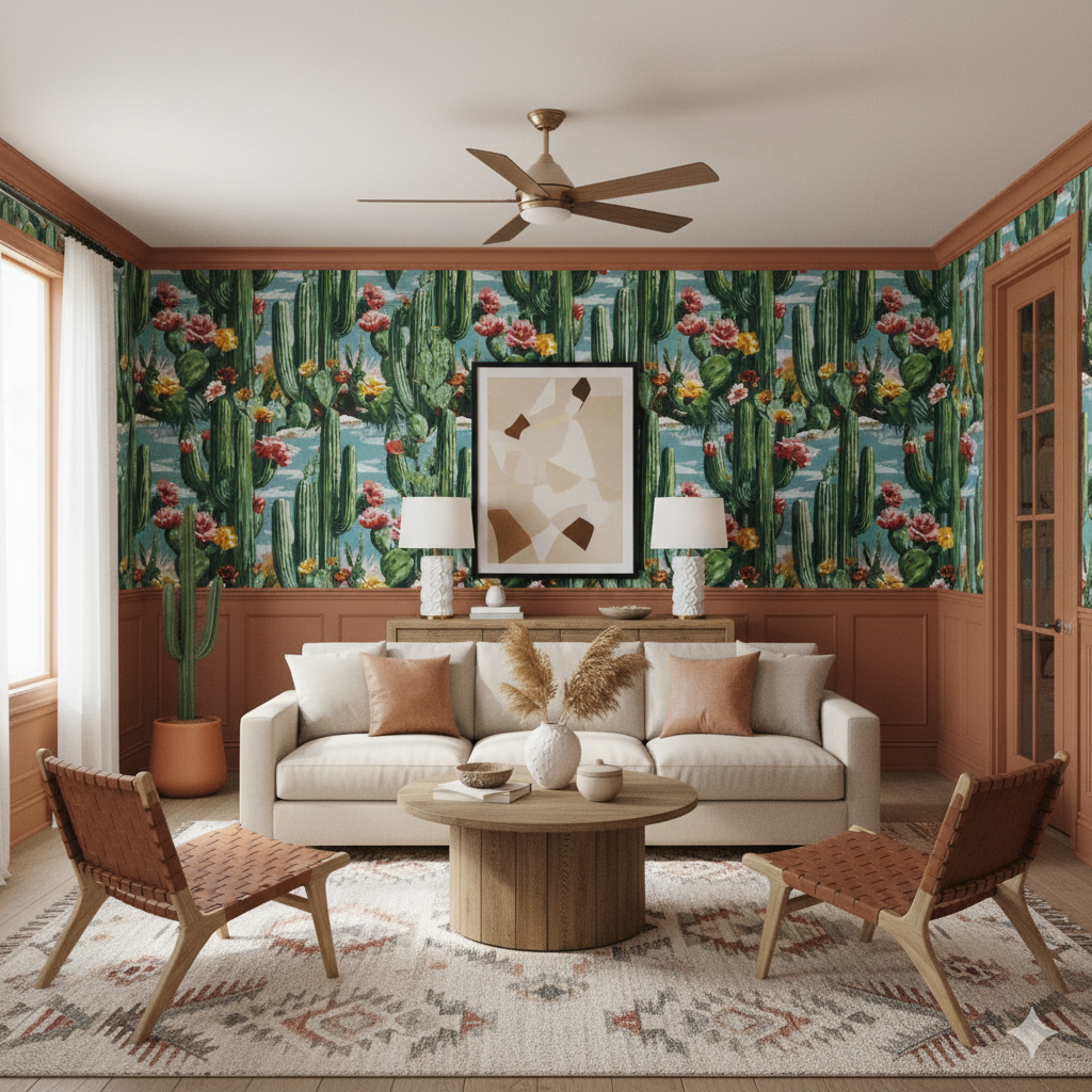 Sonoran Bloom Wallpaper with cactus floral pattern, in a stylized living room.