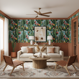 Sonoran Bloom Wallpaper with cactus floral pattern, in a stylized living room.