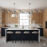 Colorful Paloma Fiesta Wallpaper with playful terrazzo pattern, as seen on kitchen walls.
