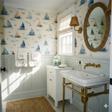 Nautical themed wallpaper with blue sailboat pattern, featuring sea life accents.