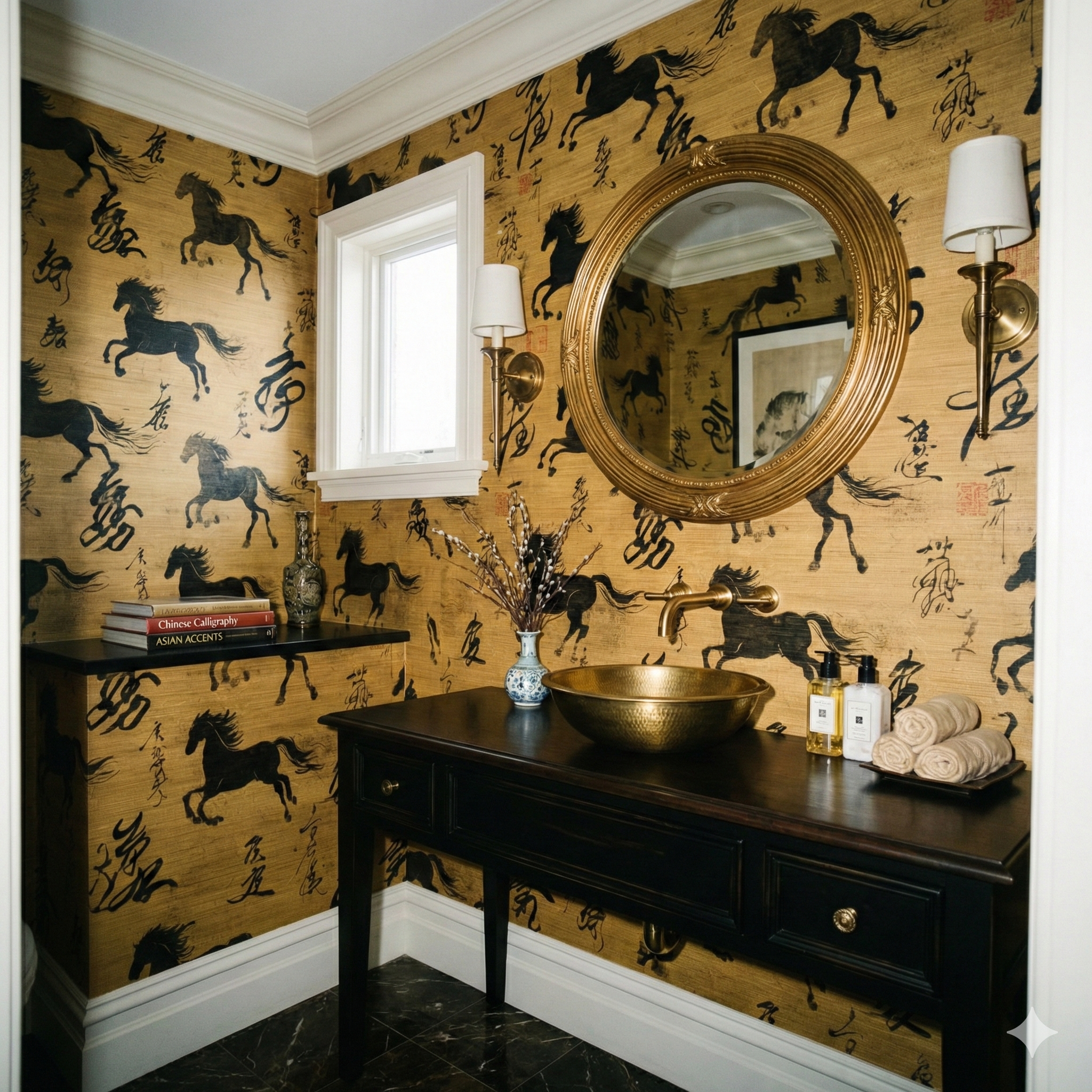 Han Dynasty Equus Wallpaper with gold and black horse pattern.