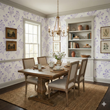 Lilac script wallpaper with white background, floral pattern and lilac flowers.