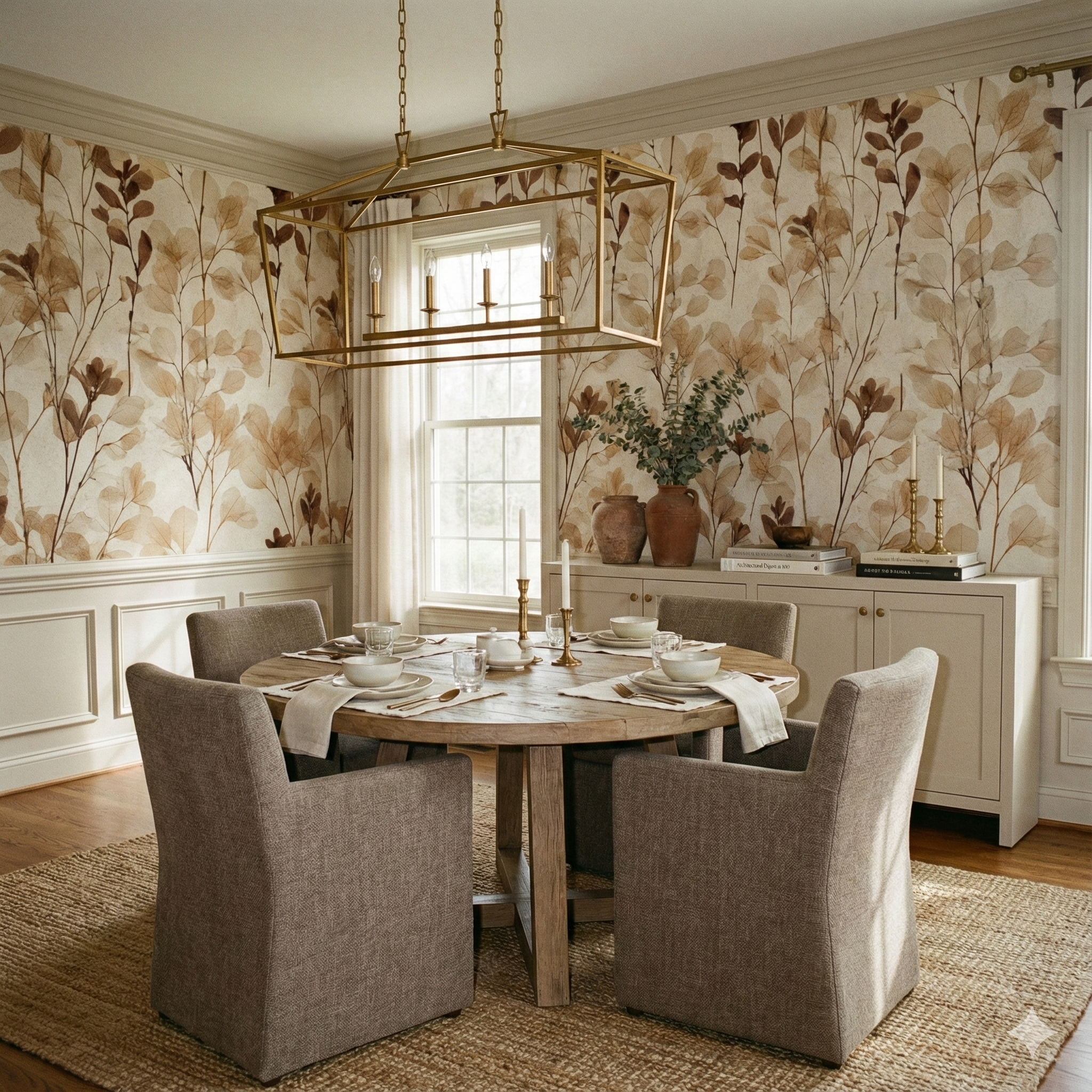 Herbarium wallpaper with a leaf and branch pattern, presented in a neutral dining room setting.
