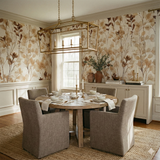 Herbarium wallpaper with a leaf and branch pattern, presented in a neutral dining room setting.

