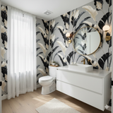 Midnight Grove wallpaper with black and beige banana leaf pattern, and gray background.

