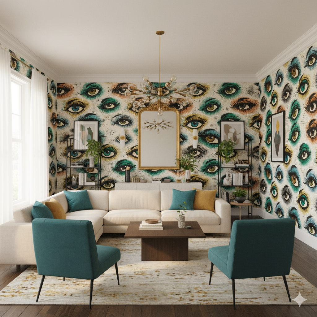 The Watchers Wallpaper featuring a repeating eye pattern on a bright white background.
