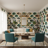 The Watchers Wallpaper featuring a repeating eye pattern on a bright white background.
