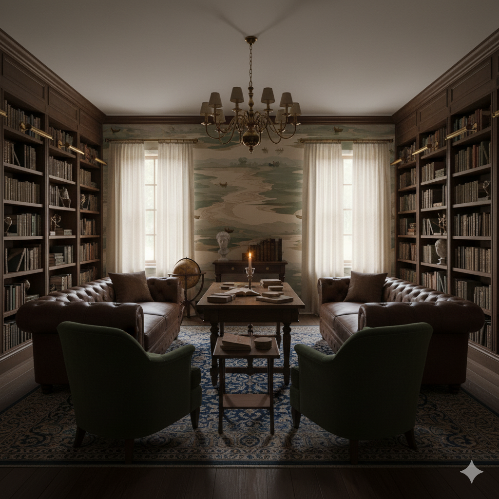 Drifting Channels wallpaper with a scenic canal pattern and cream drapery, gracing the walls of a library-themed room.