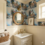 Bass Harbor Cliffhouse wallpaper with coastal lighthouse pattern, nautical rope mirror, and brass sconce.
