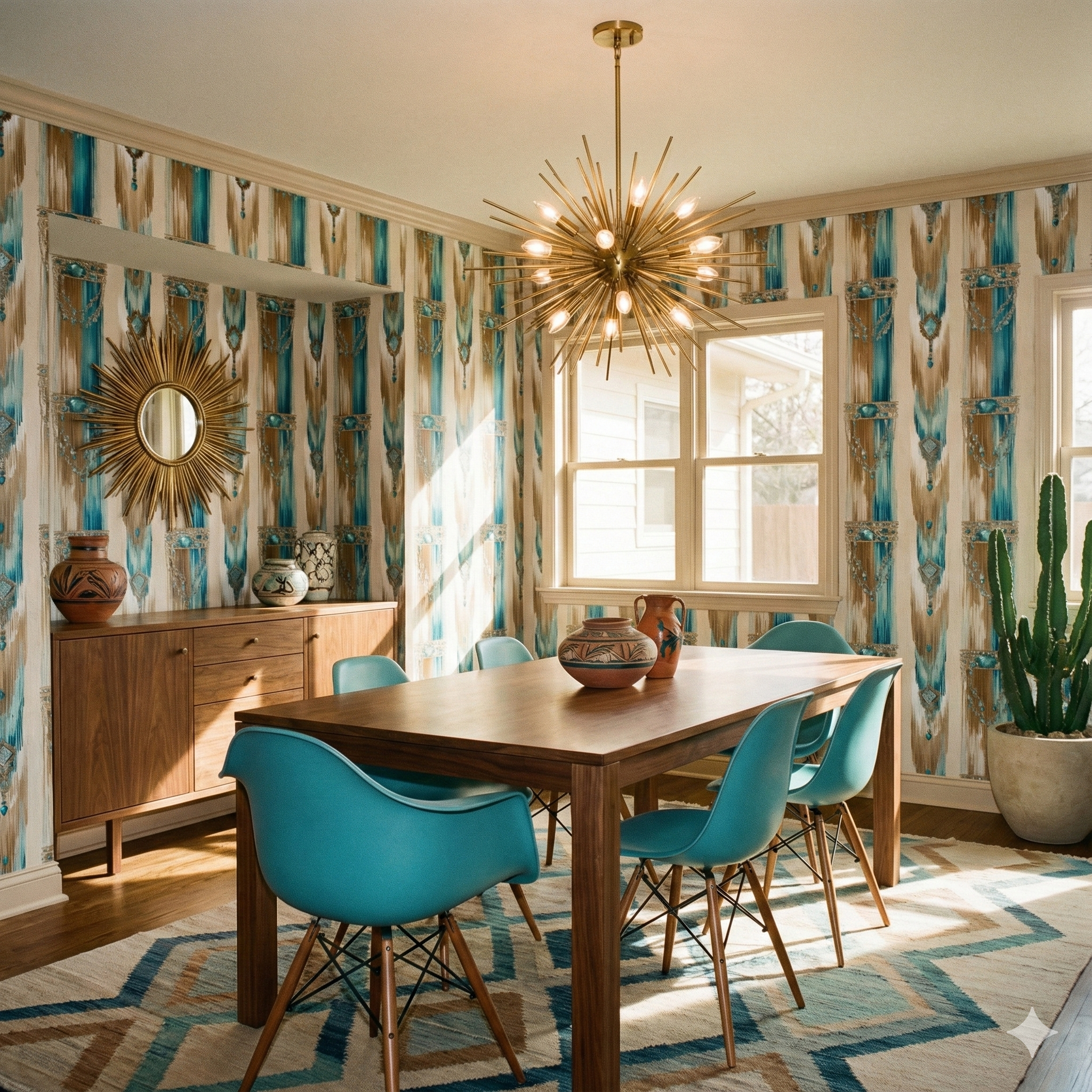 Azulé Mirage Wallpaper with blue and beige pattern, over a dining room setup featuring wood furniture.