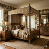 Roma Antiqua Wallpaper with architectural scenes, decorating the wall above a wooden four-poster bed.