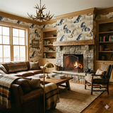 Patterned wallpaper with wolf motif in a cozy living room setting.