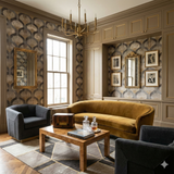 Deco Mirage Wallpaper featuring geometric fan pattern, styled in elegant living room.