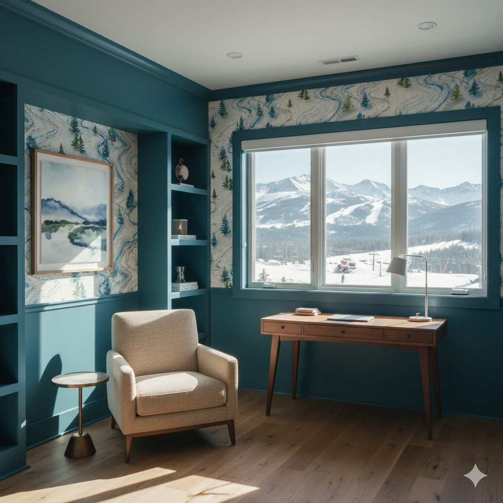 Powder Map Wallpaper with repeating light blue and green ski trail pattern, adorning a bright workspace.
