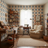 Floral quilt wallpaper in blue and orange, with a repeated flower pattern.