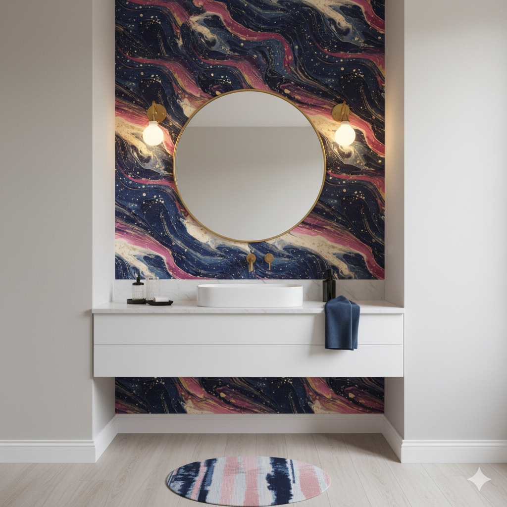Celestine Veins Wallpaper with swirling navy, pink, and gold patterns, adding depth and texture to the wall above the vanity.