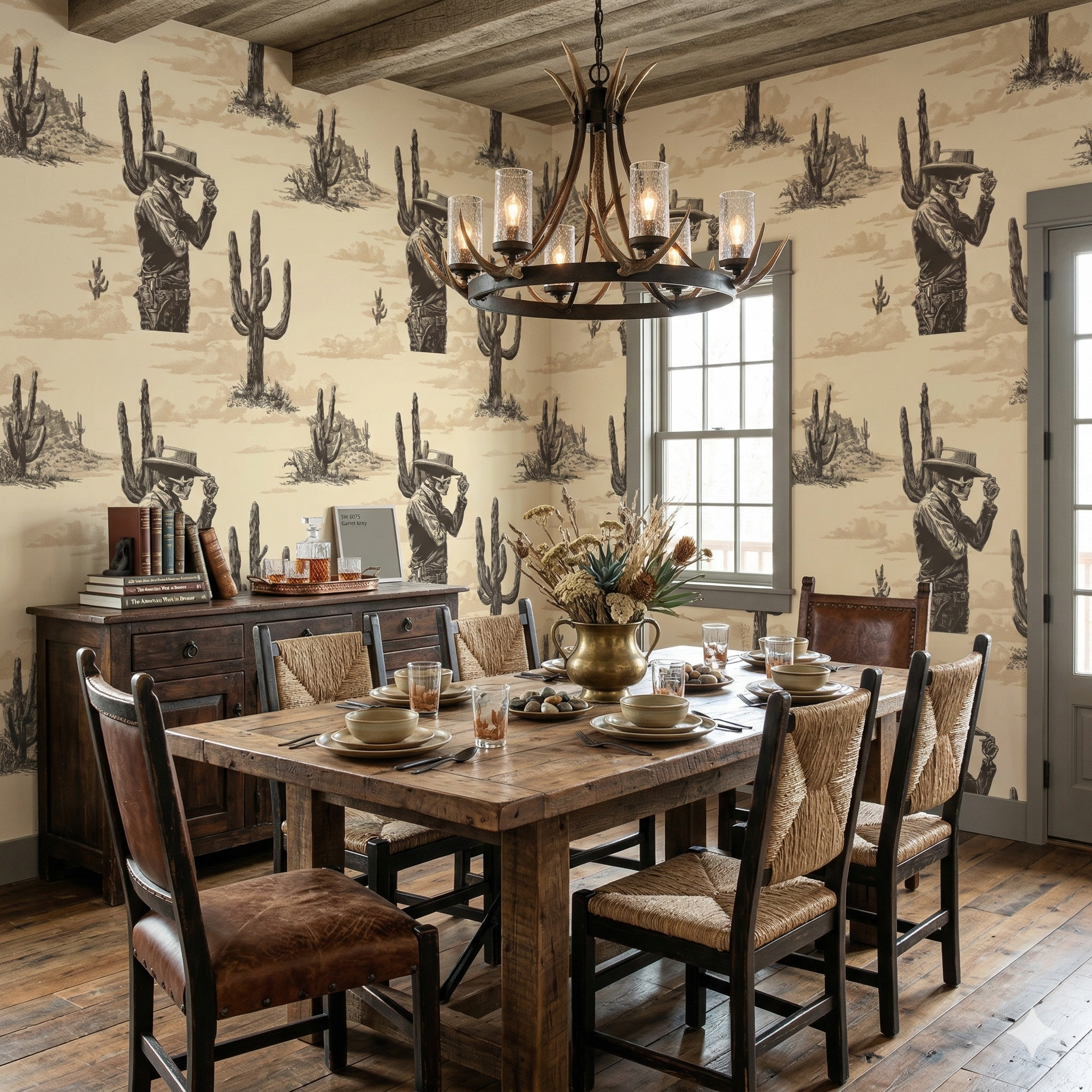 High Noon Revenant Wallpaper in beige, with a sketched cowboy skeleton and cactus pattern.