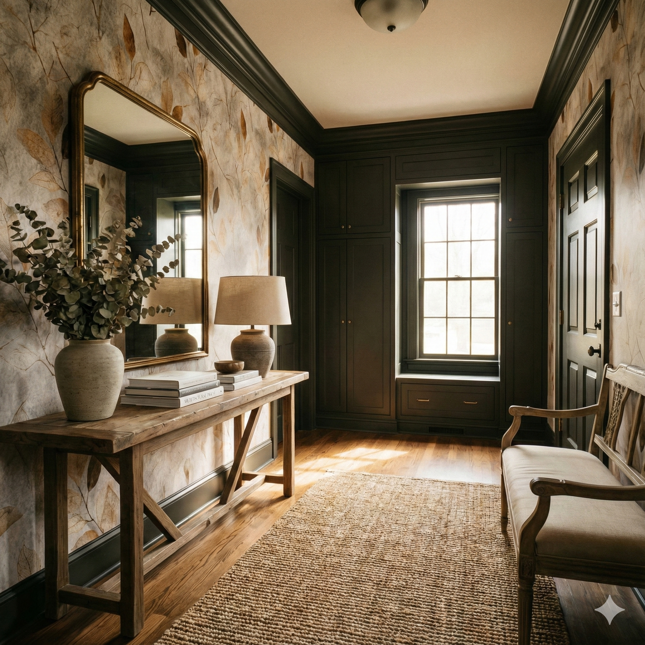Leafpress wallpaper with foliage pattern, Hearthborn design featuring brown and beige tones, as seen in a hallway setting.