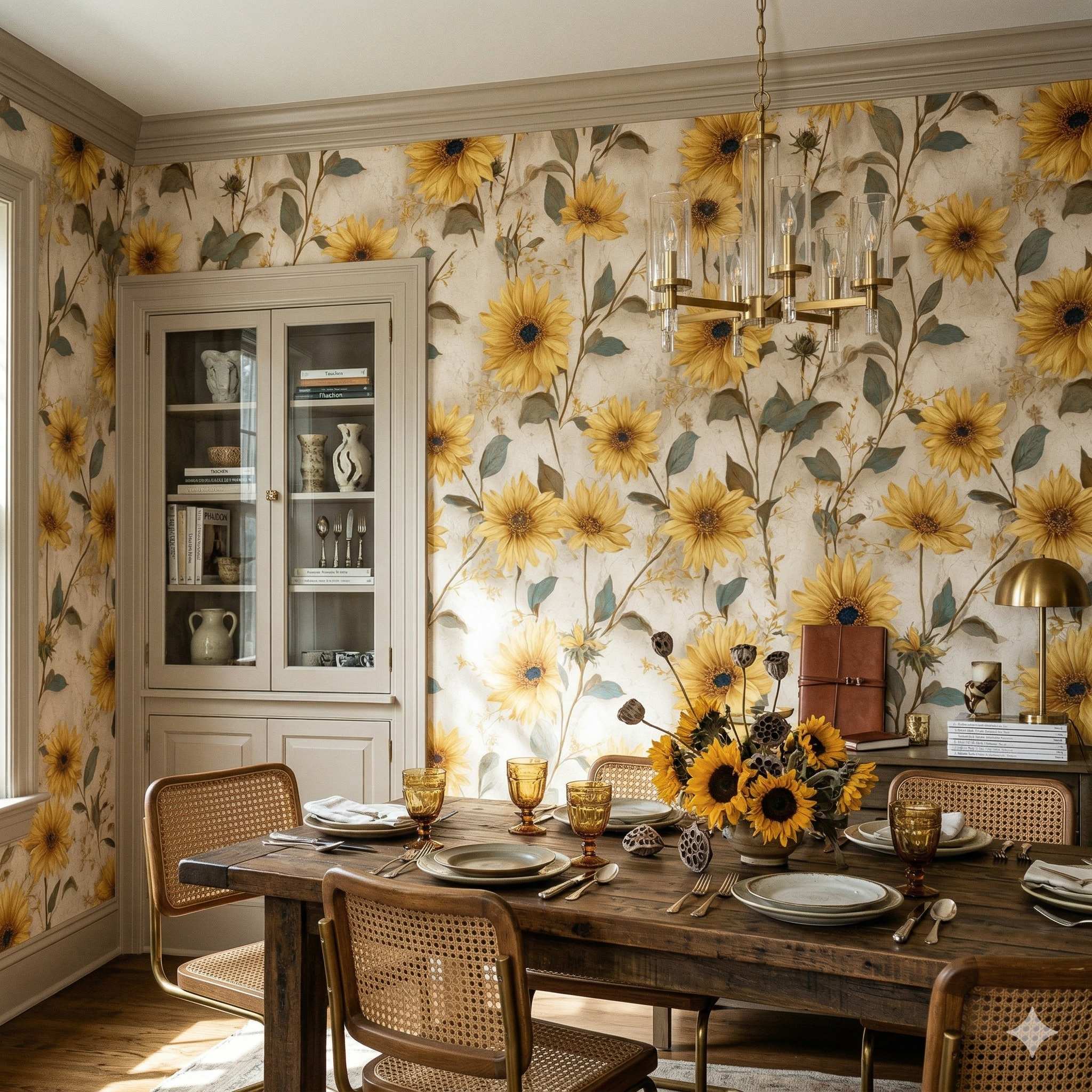 Heliora Plaster Wallpaper with yellow sunflower pattern over textured plaster, covering a dining room.