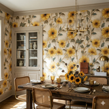 Heliora Plaster Wallpaper with yellow sunflower pattern over textured plaster, covering a dining room.
